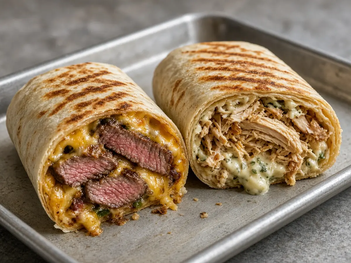 Original food photograph of two cut burritos, one filled with steak and one filled with chicken, on a metal tray.