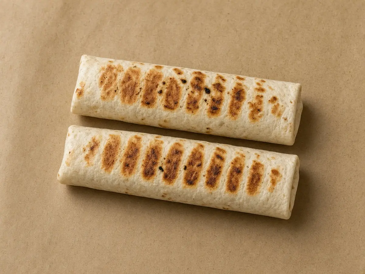 Original food photograph of two grilled burritos on parchment, the pair Taco Bell lists at $5.99, with no logo.