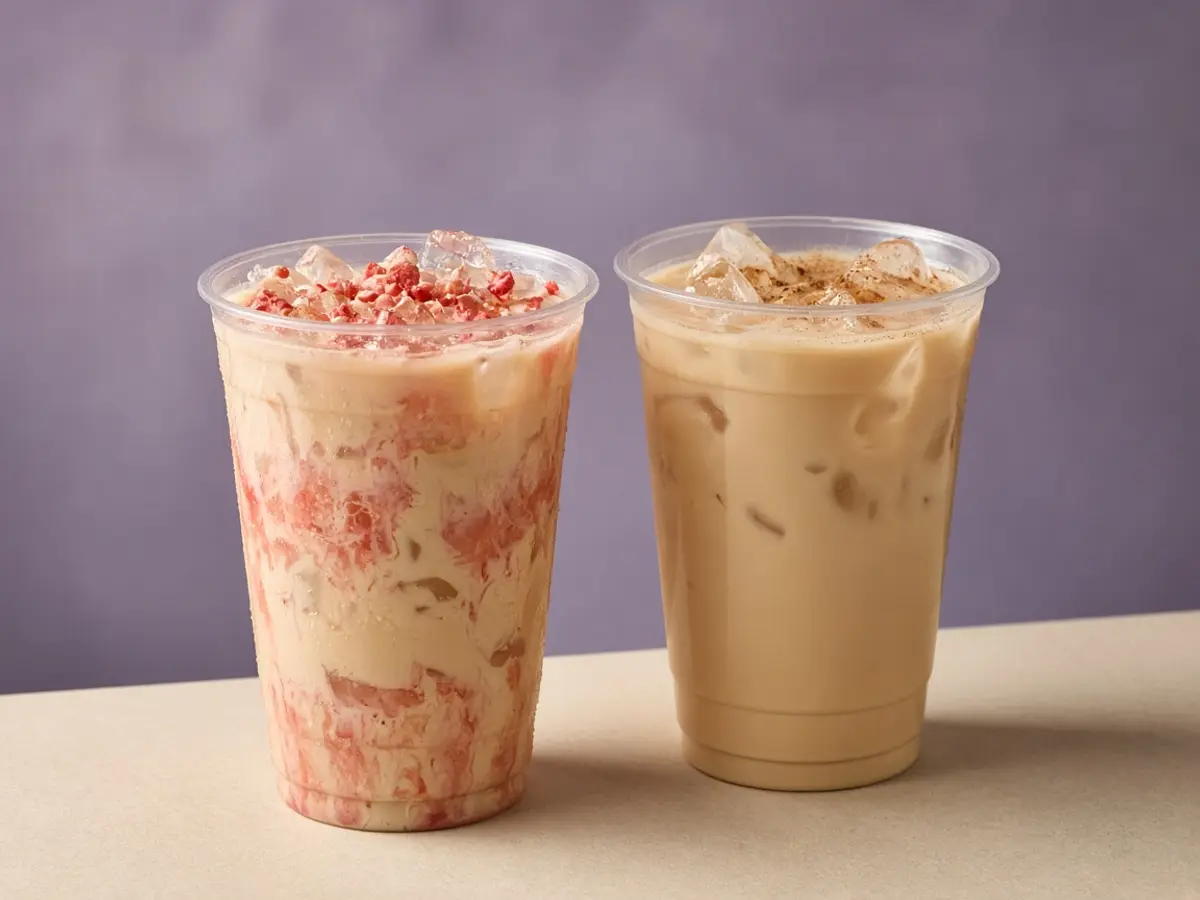Original food photograph of a strawberry horchata refresca and a vanilla horchata refresca in clear cups, with no logo.