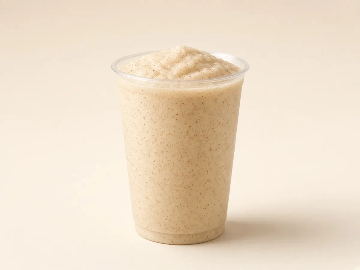 Original food photograph of a pale frozen horchata drink in a clear cup, with no logo and no text.