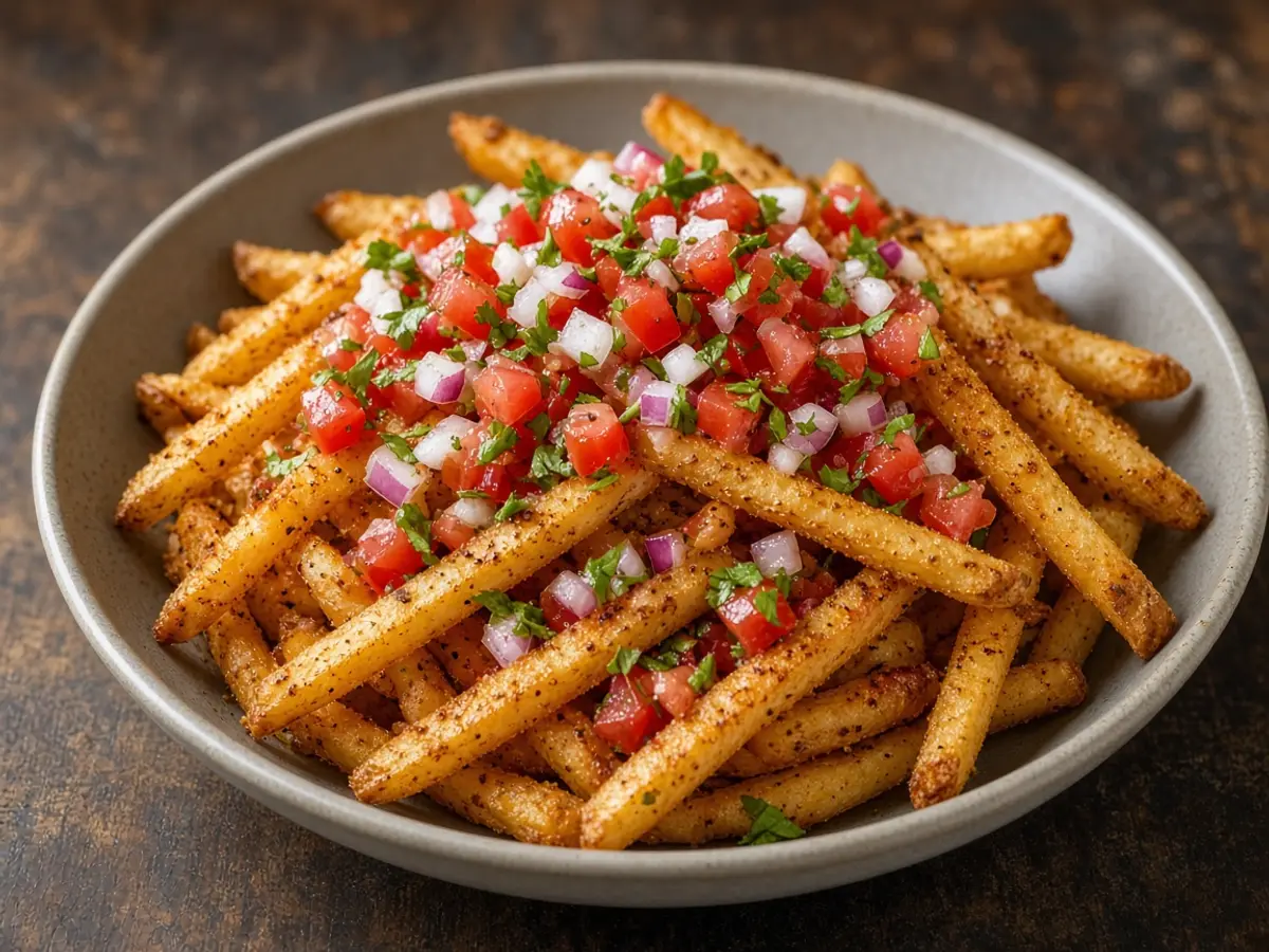 Original food photograph of seasoned fries topped with pico de gallo, tomato, onion, and cilantro, with no logo.