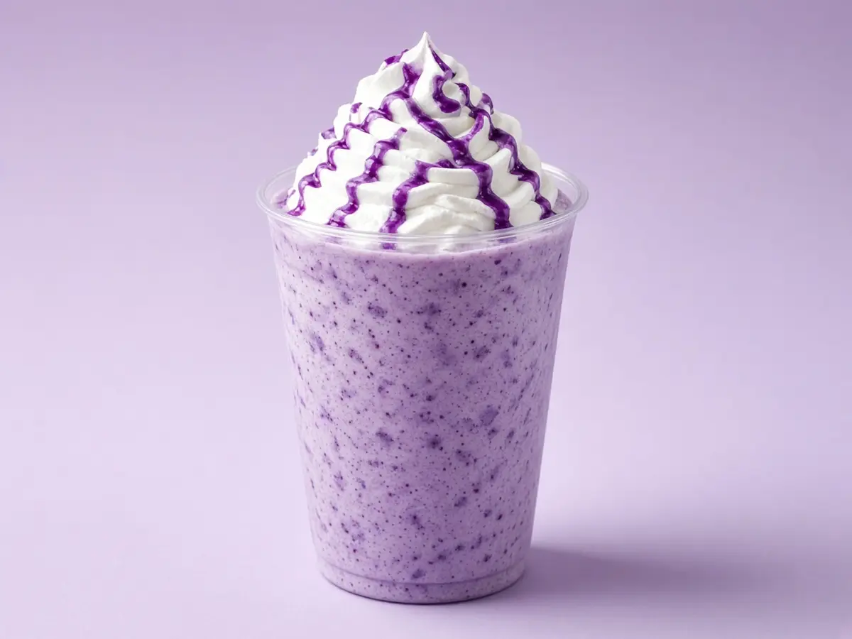 Original food photograph of a purple frozen horchata chiller with whipped cream and purple syrup, with no logo.