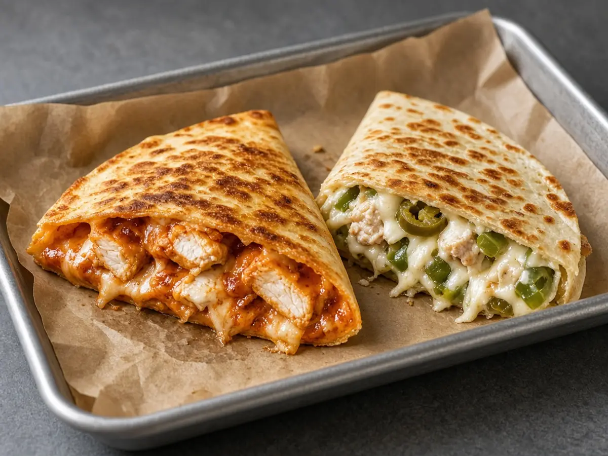 Original food photograph of a chicken quesadilla with a reddish creamy sauce beside a paler jalapeno version.
