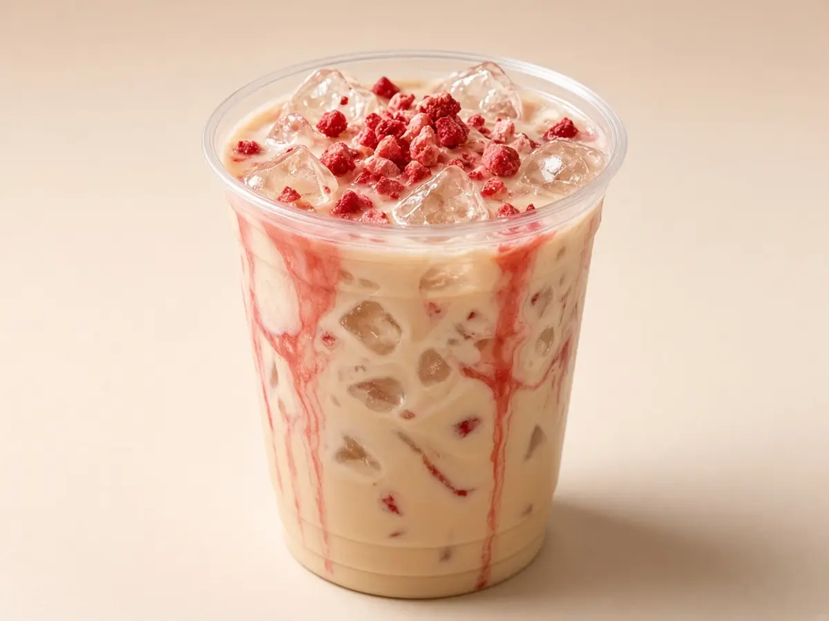 Original food photograph of a creamy iced horchata with a strawberry swirl and dried strawberry pieces, with no logo.