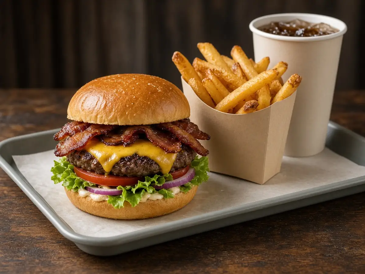 Original food-photo illustration of a tall bacon cheeseburger meal with fries and a plain drink for Wendy's Baconator menu prices, not an official logo or product photo.