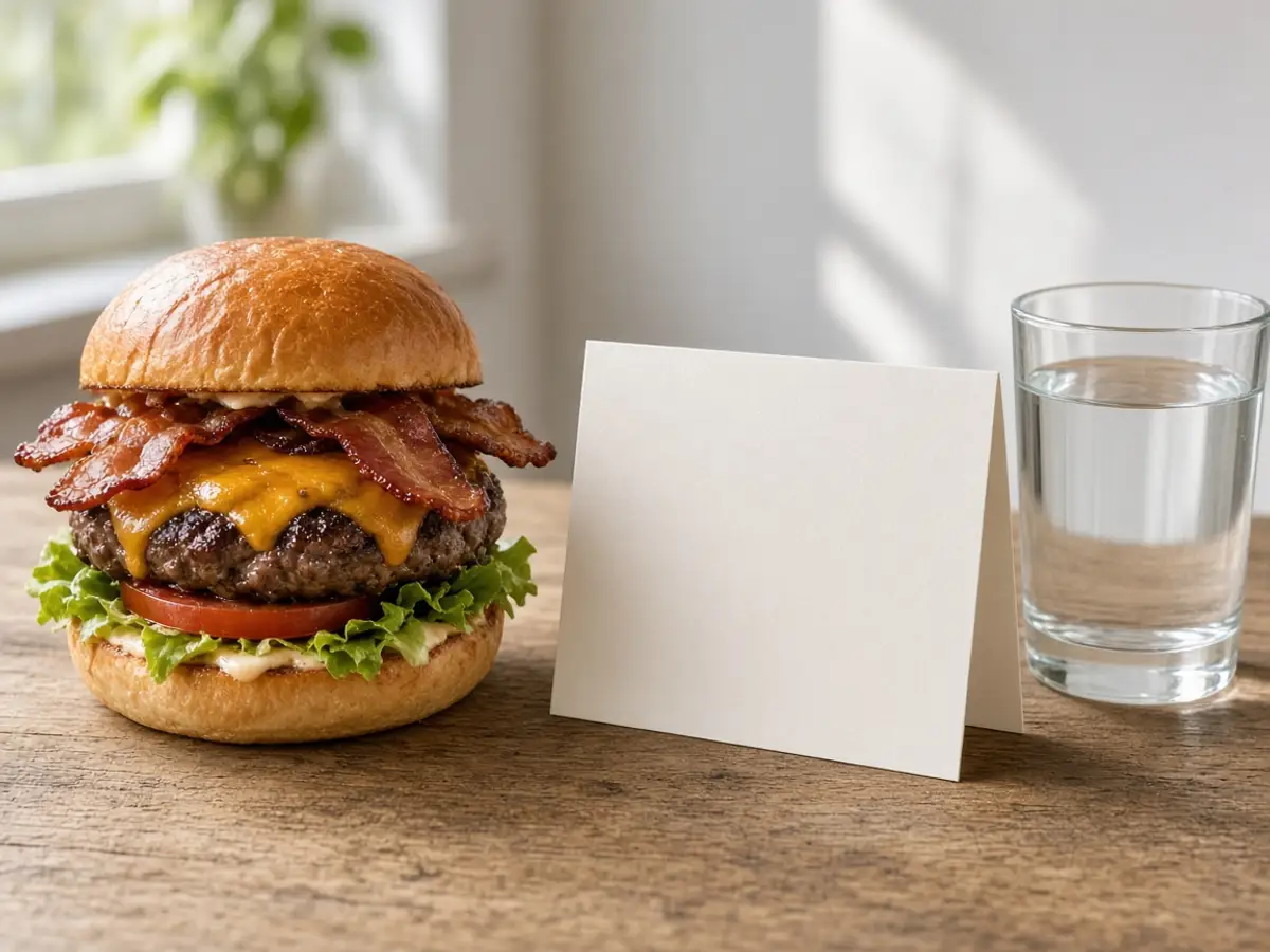 Original food-photo illustration of a tall bacon cheeseburger beside a blank card and a glass of water for Wendy's Baconator menu prices, not an official logo or product photo.