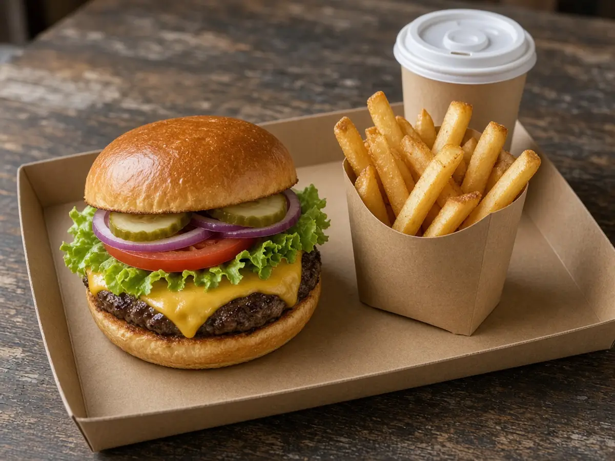 Original food photograph of a cheeseburger with lettuce and tomato, a small fries, and a small drink for the Wendy's Dave's Single combo.