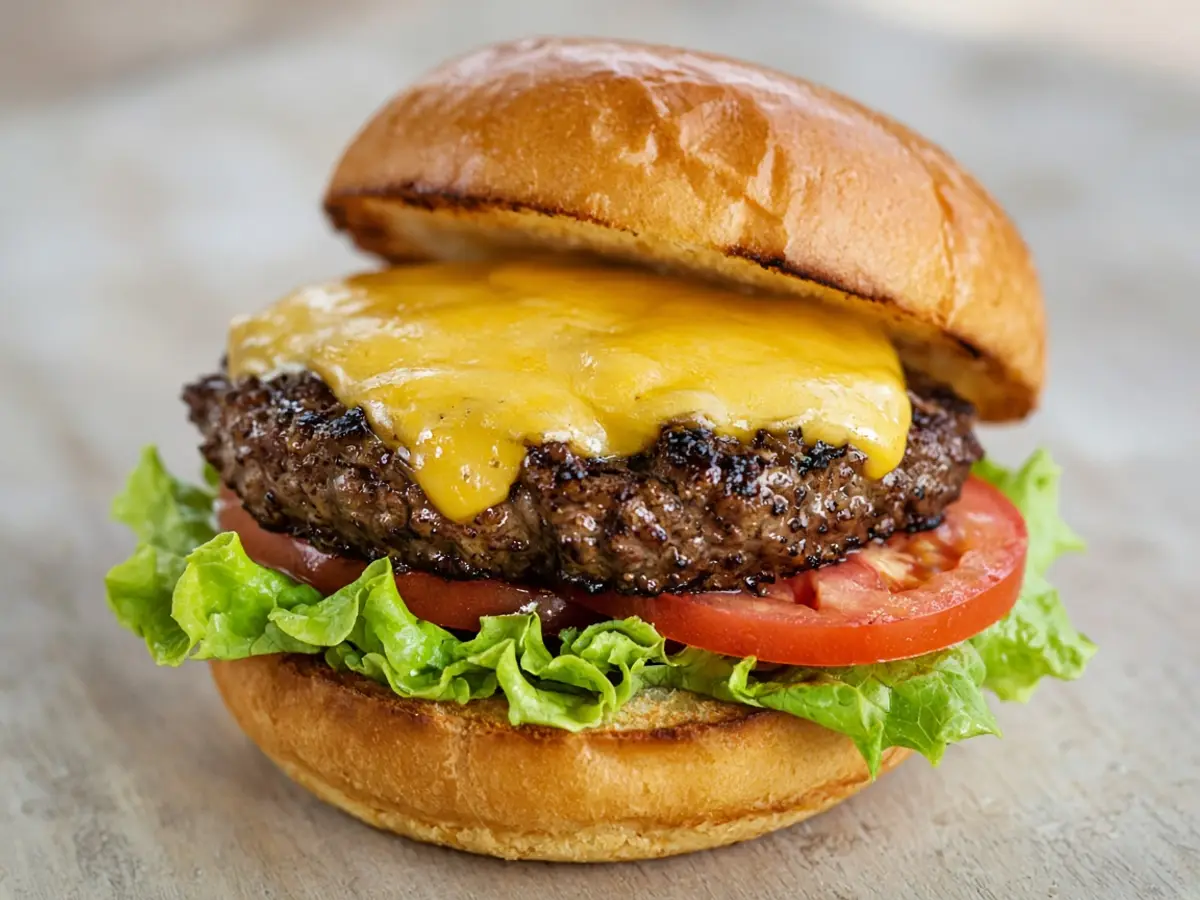 Original food photograph of a fresh beef patty with American cheese, lettuce, and tomato on a toasted potato bun.