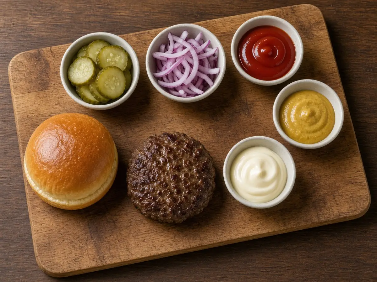 Original food photograph of pickle, onion, ketchup, mustard, and mayonnaise beside a beef patty and a potato bun.