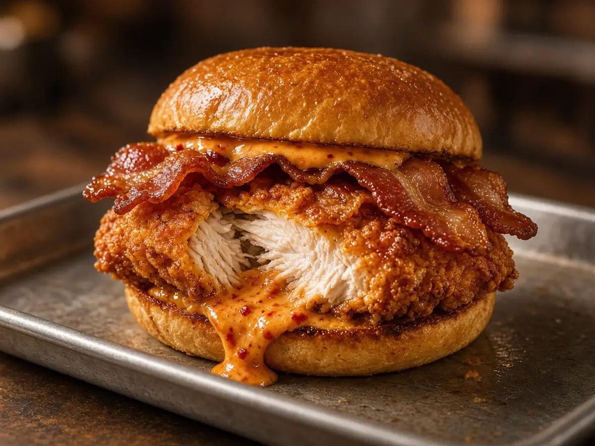 Original food photograph of a crispy chicken sandwich with bacon on a toasted potato bun for the Whataburger Bacon Blaze Chicken.