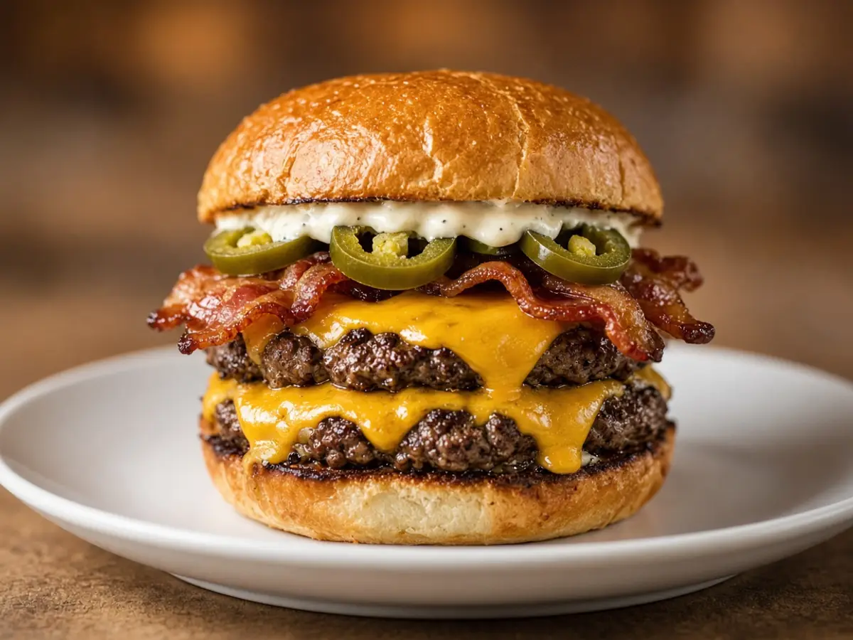 Original food photograph of a double beef burger with cheddar, bacon, and sliced jalapenos for the Bacon Blaze Jalapeño Double.