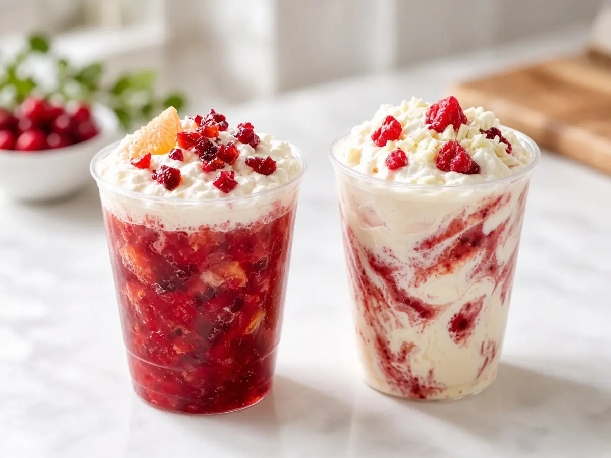 Original food photograph of a cranberry citrus drink with whipped topping beside a white chocolate raspberry shake.