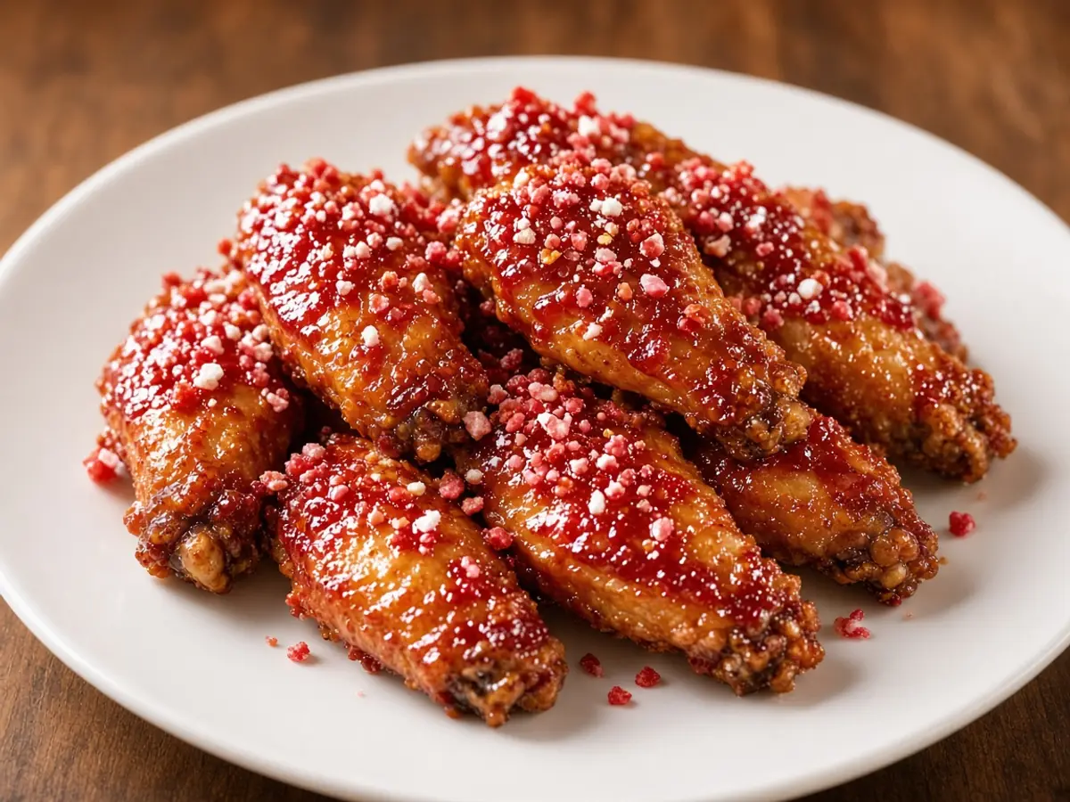 Original food photograph of chicken wings in a glossy red glaze with candy bits for Wingstop Wicked Punch, with no logo and no cartoon character.