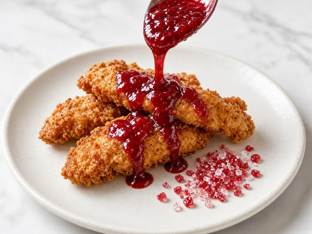 Original food photograph of a red berry glaze spooned over crispy chicken tenders with candy bits beside the plate.