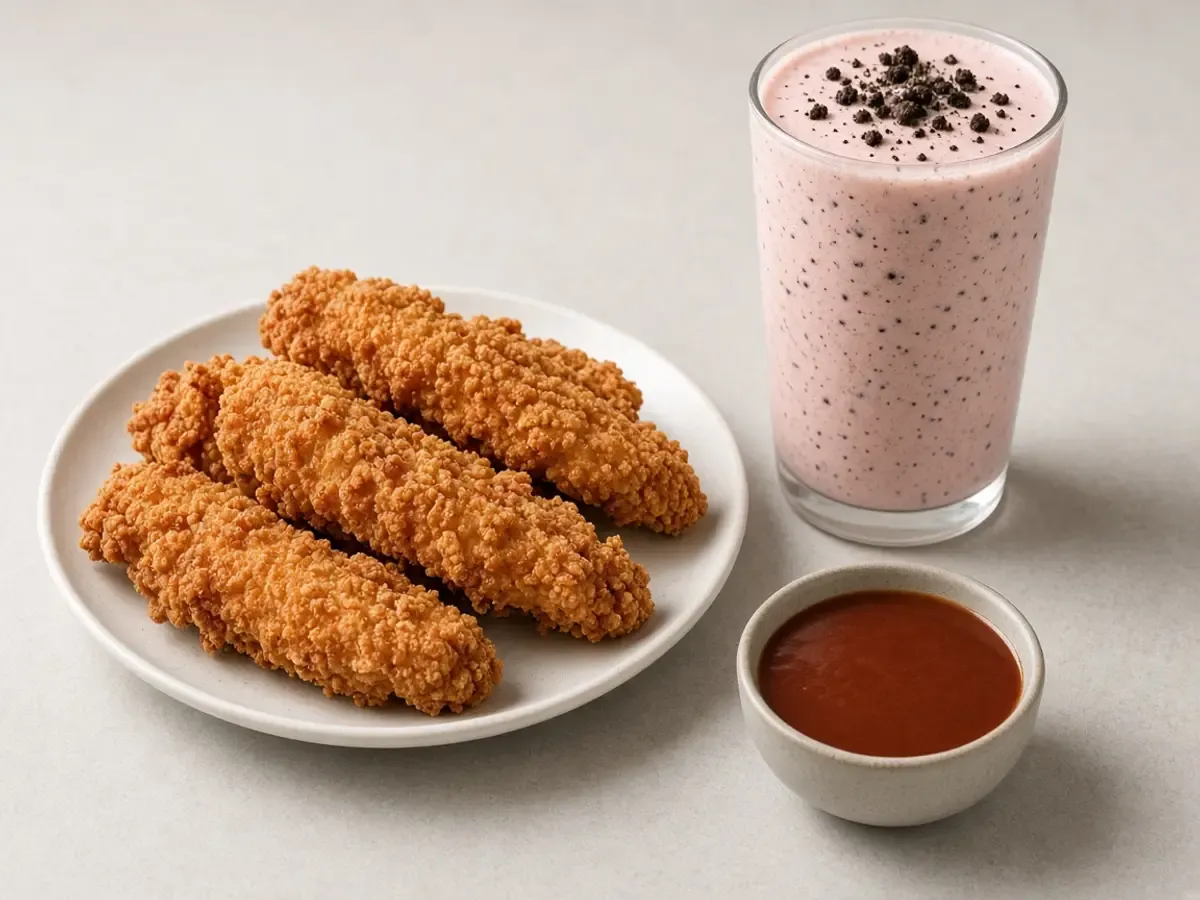 Original food photograph of chicken tenders, a cup of reddish sauce, and a pale cookie milkshake, with no logo.
