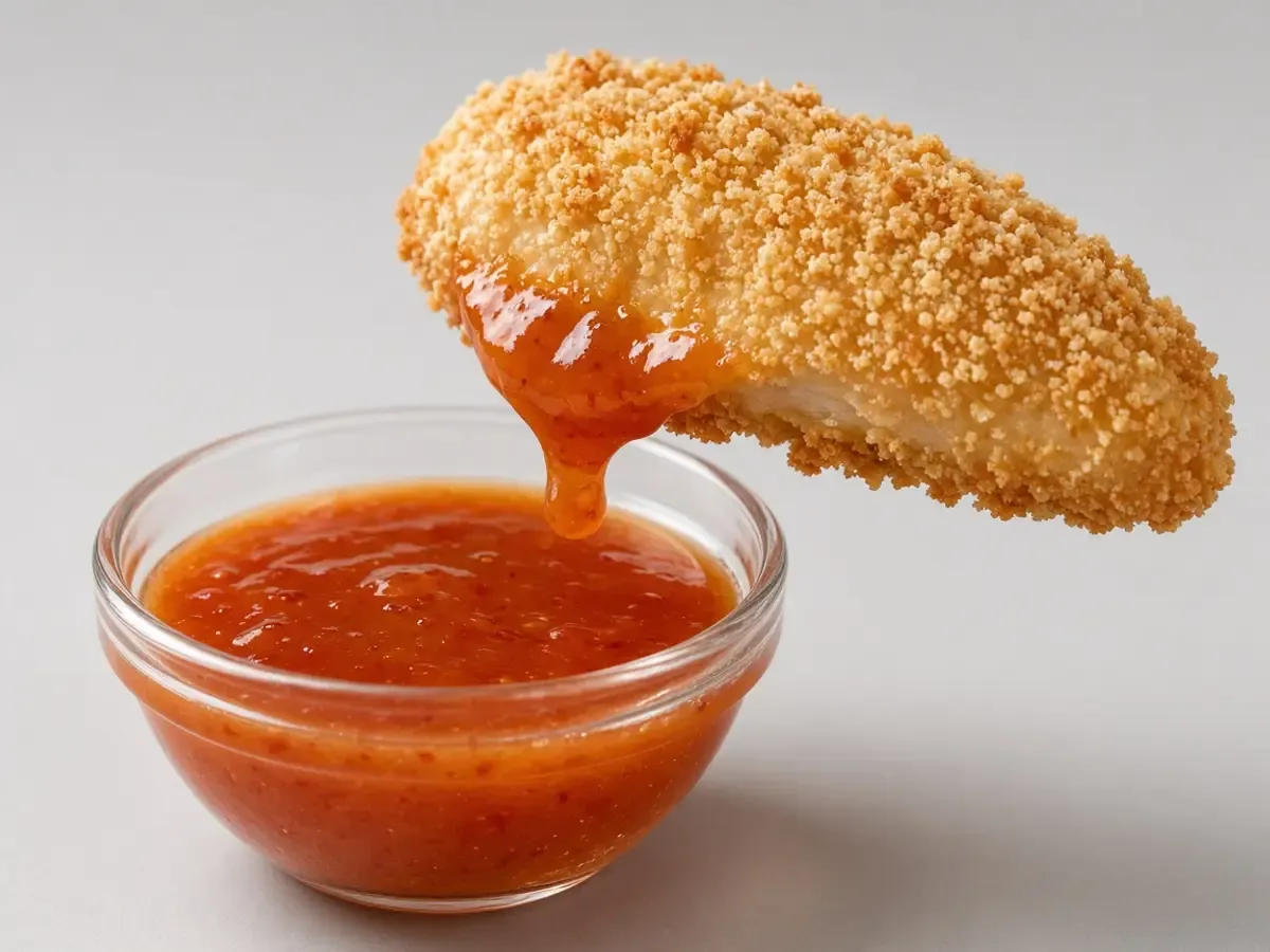 Original food photograph of a clear cup of glossy reddish-orange sauce beside one chicken tender, with no logo.