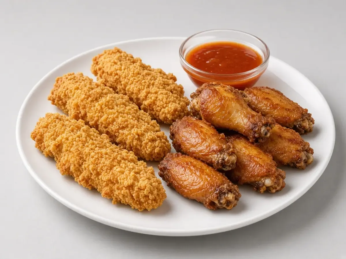 Original food photograph of fried chicken tenders and wings beside a cup of reddish-orange sauce, with no logo.