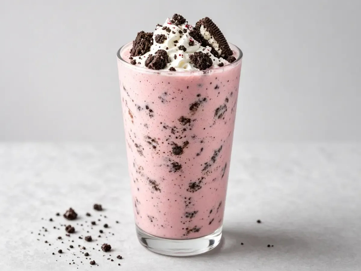 Original food photograph of a pale pink milkshake topped with cookie pieces in a clear glass, with no logo.