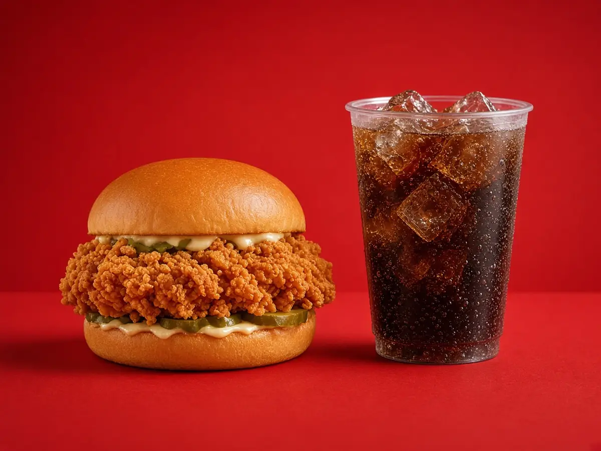 Original food photograph of a crispy chicken sandwich beside a clear cup of dark cola, with no logo.