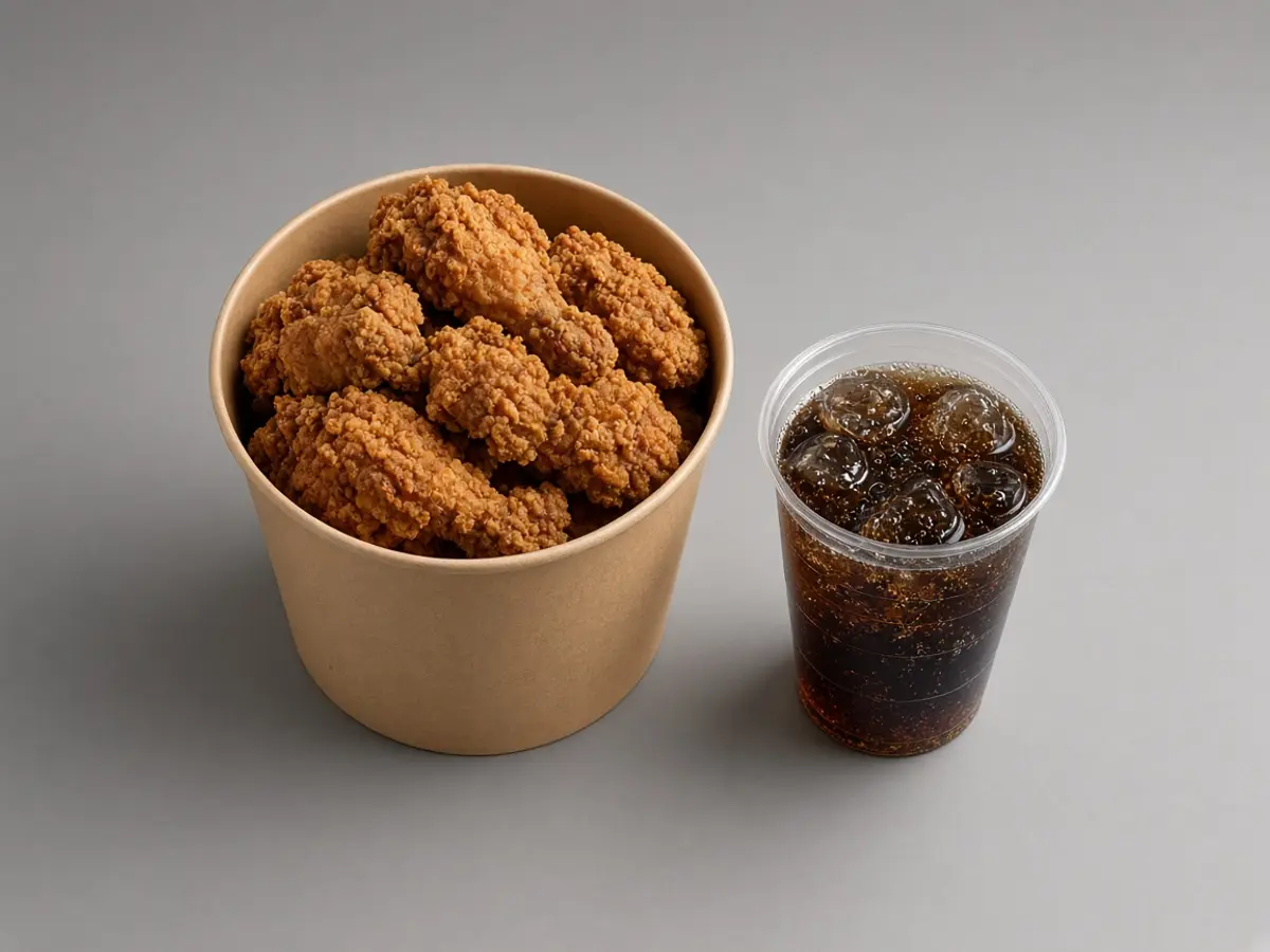 Original food photograph of a plain paper bucket of fried chicken next to one dark soda, with no logo.