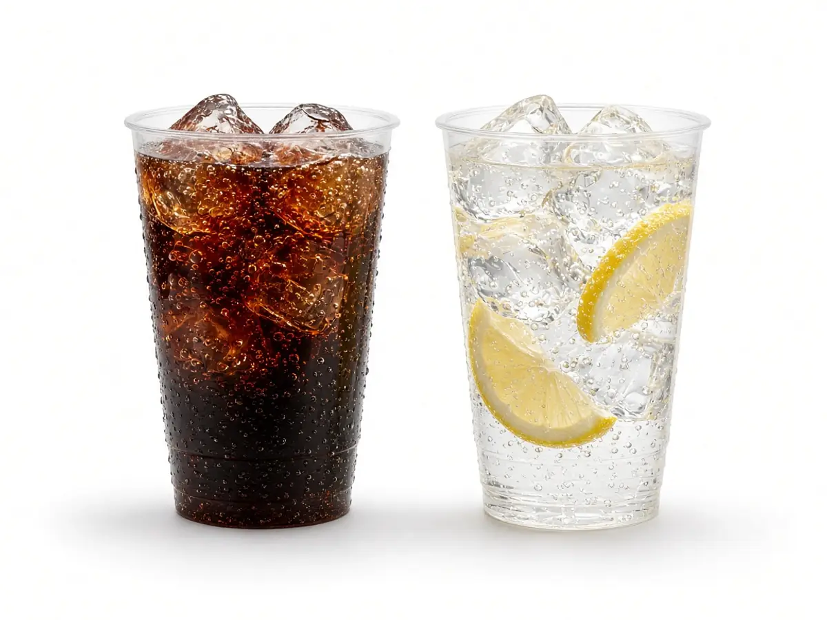 Original food photograph of two clear cups, one dark cola and one lemon-lime soda, with no logo and no text.