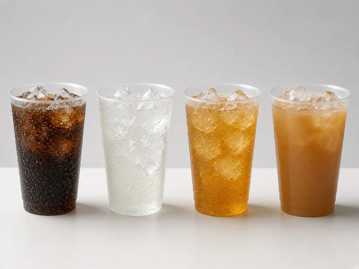 Original food photograph of four unmarked fountain cups with cola, lemon-lime, citrus soda, and tea, with no logo.