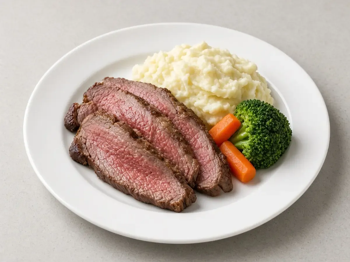 Original food photograph of sliced roast beef, mashed potatoes, and vegetables on a plain plate, with no logo.