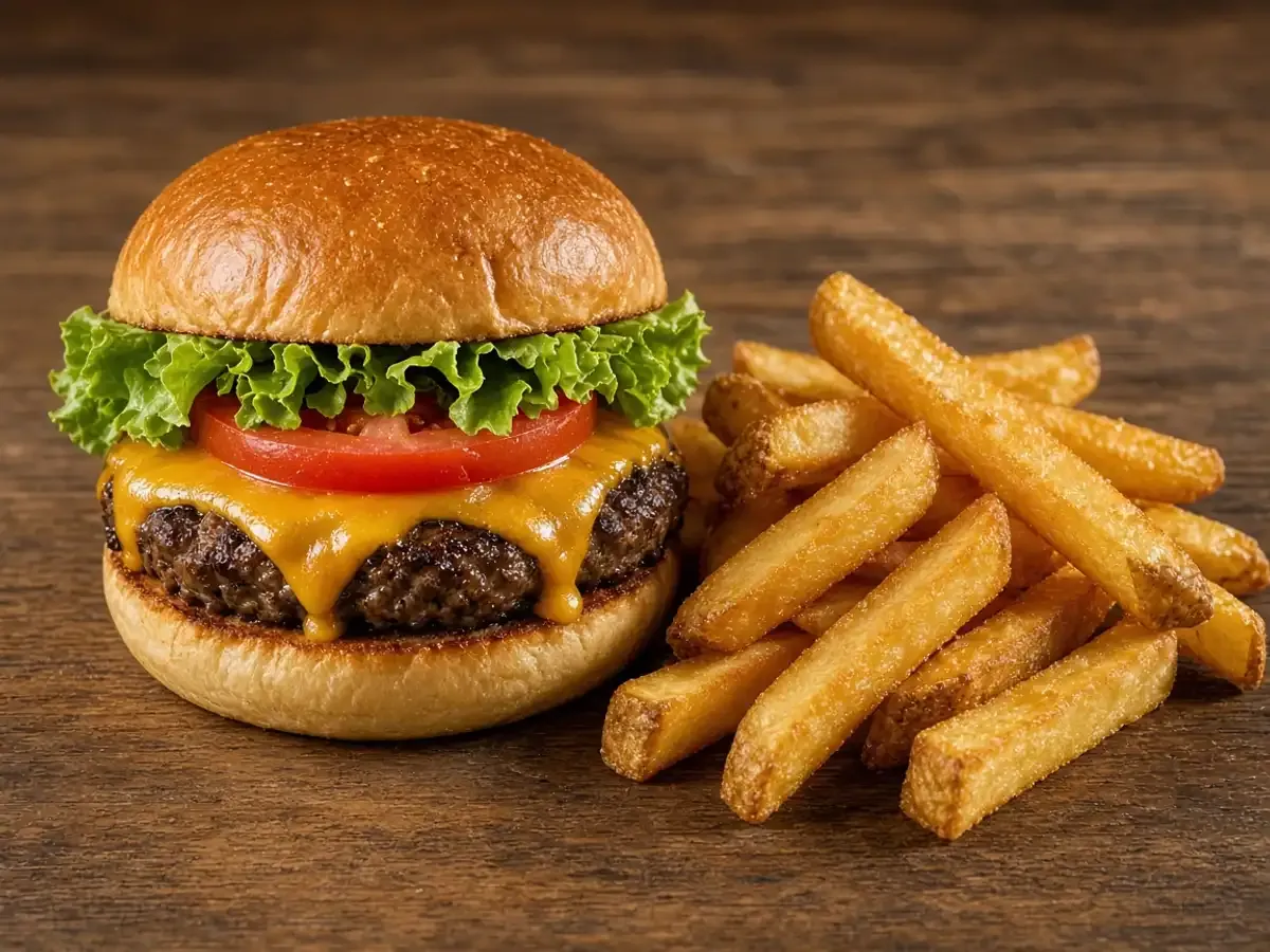 Original food photograph of a cheese burger with lettuce and tomato beside steak fries, with no logo.