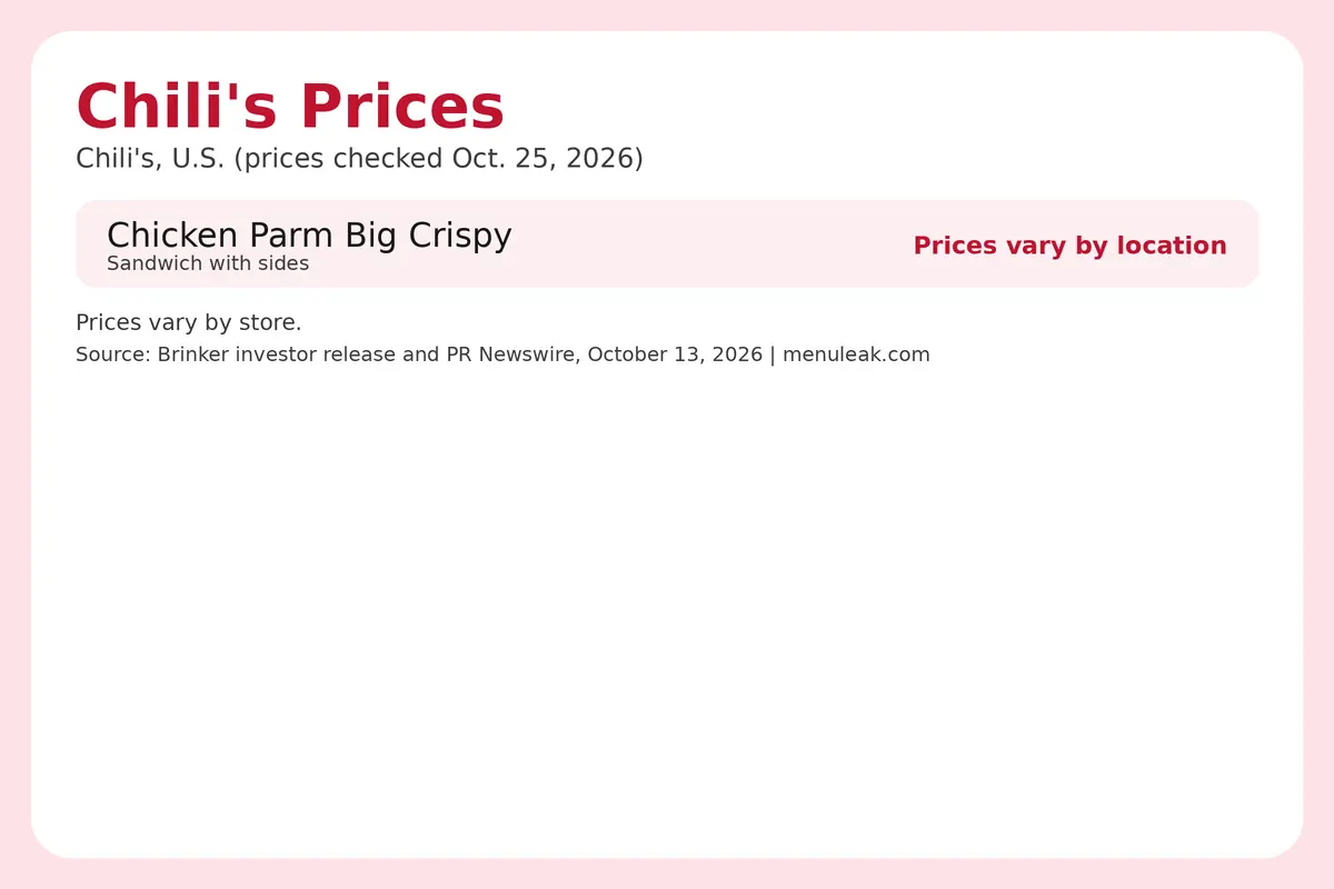Price table infographic of Chili's prices at Chili's in the U.S., listing 1 rows with the same dollar amounts as the page table.